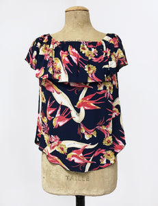 Navy Blue Swallow Print Ruffle Top Dolores Peasant Blouse