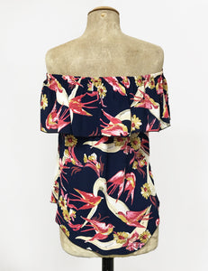 Navy Blue Swallow Print Ruffle Top Dolores Peasant Blouse