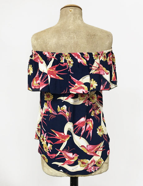 Navy Blue Swallow Print Ruffle Top Dolores Peasant Blouse