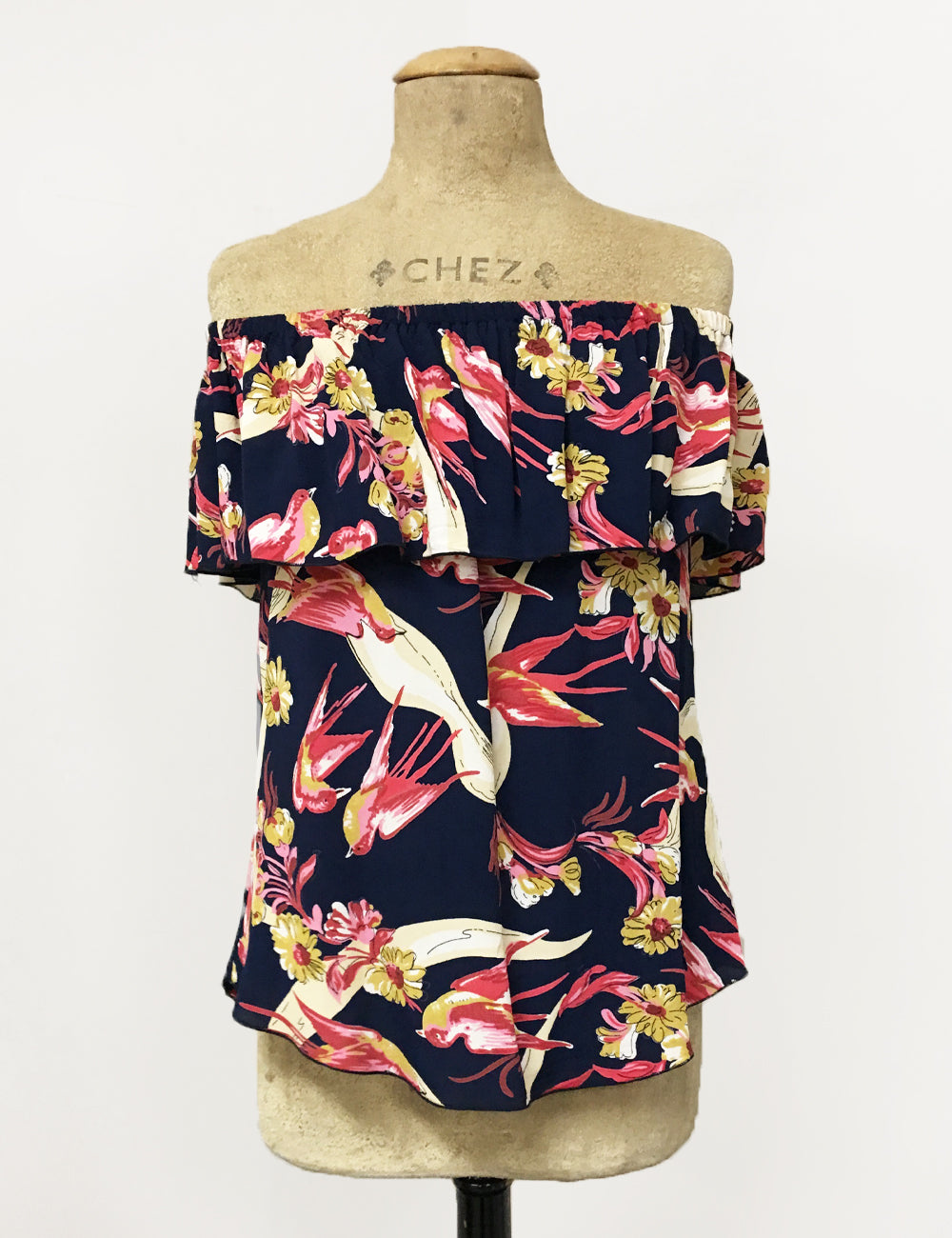 Navy Blue Swallow Print Ruffle Top Dolores Peasant Blouse