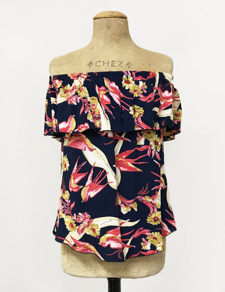 Navy Blue Swallow Print Ruffle Top Dolores Peasant Blouse