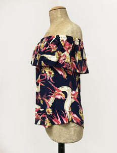 Navy Blue Swallow Print Ruffle Top Dolores Peasant Blouse