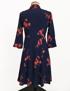 Navy Tattoo Rose Print Three Quarter Sleeve Vintage Day Dress