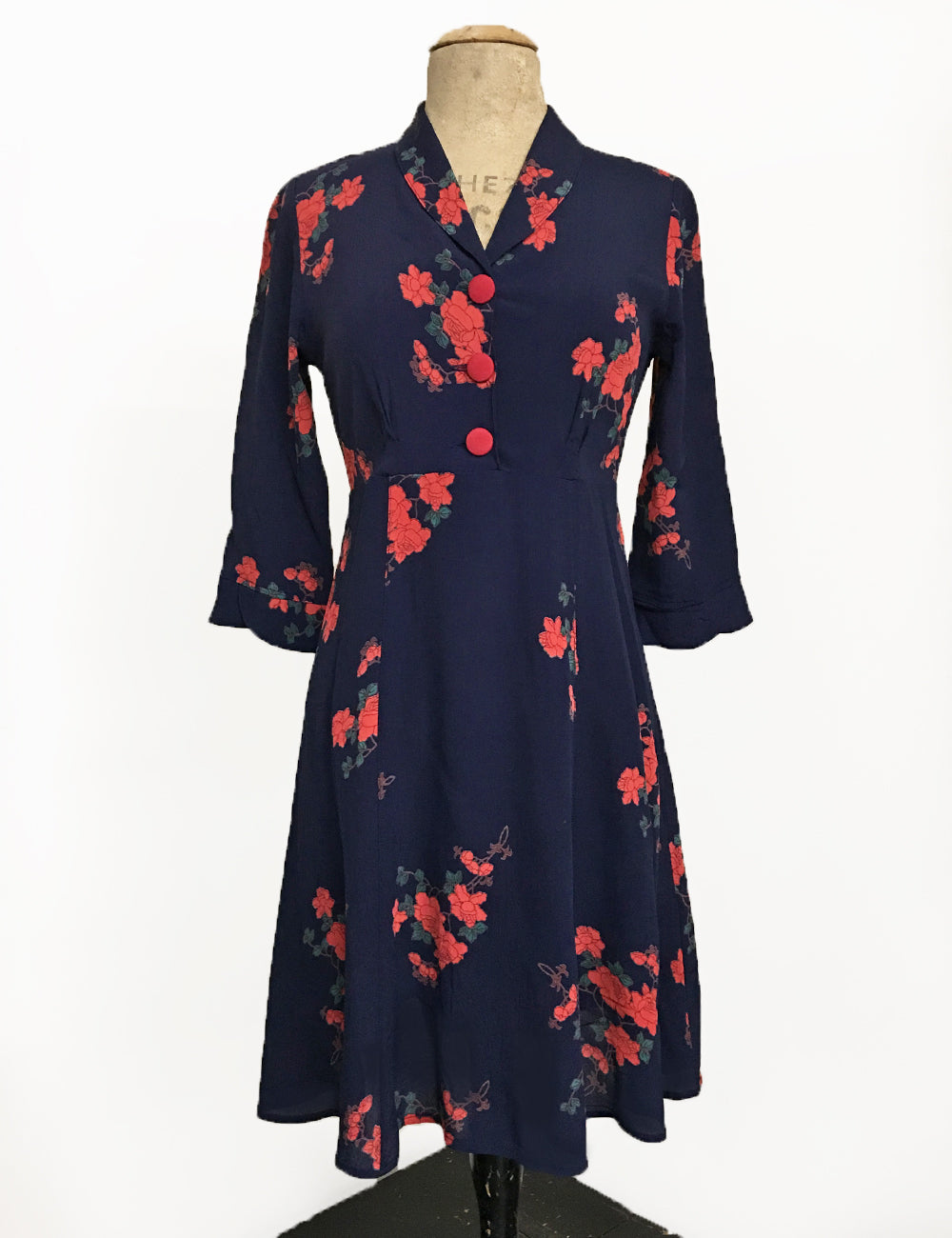 Navy Tattoo Rose Print Three Quarter Sleeve Vintage Day Dress