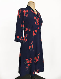 Navy Tattoo Rose Print Three Quarter Sleeve Vintage Day Dress