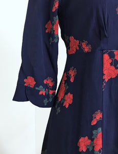 Navy Tattoo Rose Print Three Quarter Sleeve Vintage Day Dress