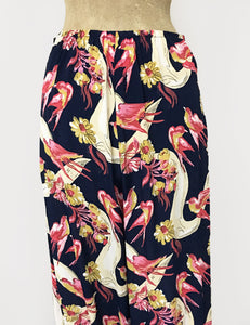 Navy & Pink Vintage Swallow Print 1940s Style High Waisted Palazzo Pants
