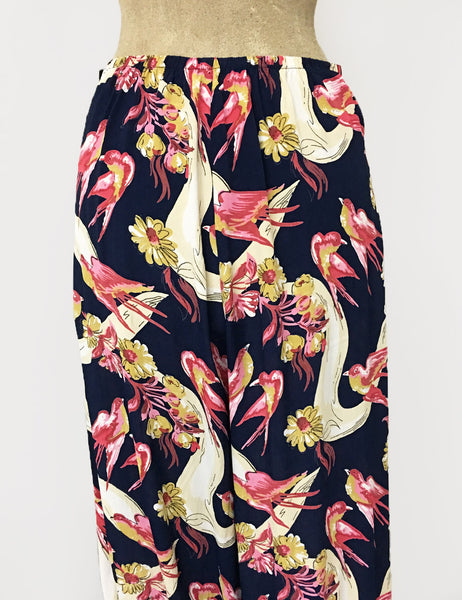 Navy & Pink Vintage Swallow Print 1940s Style High Waisted Palazzo Pants