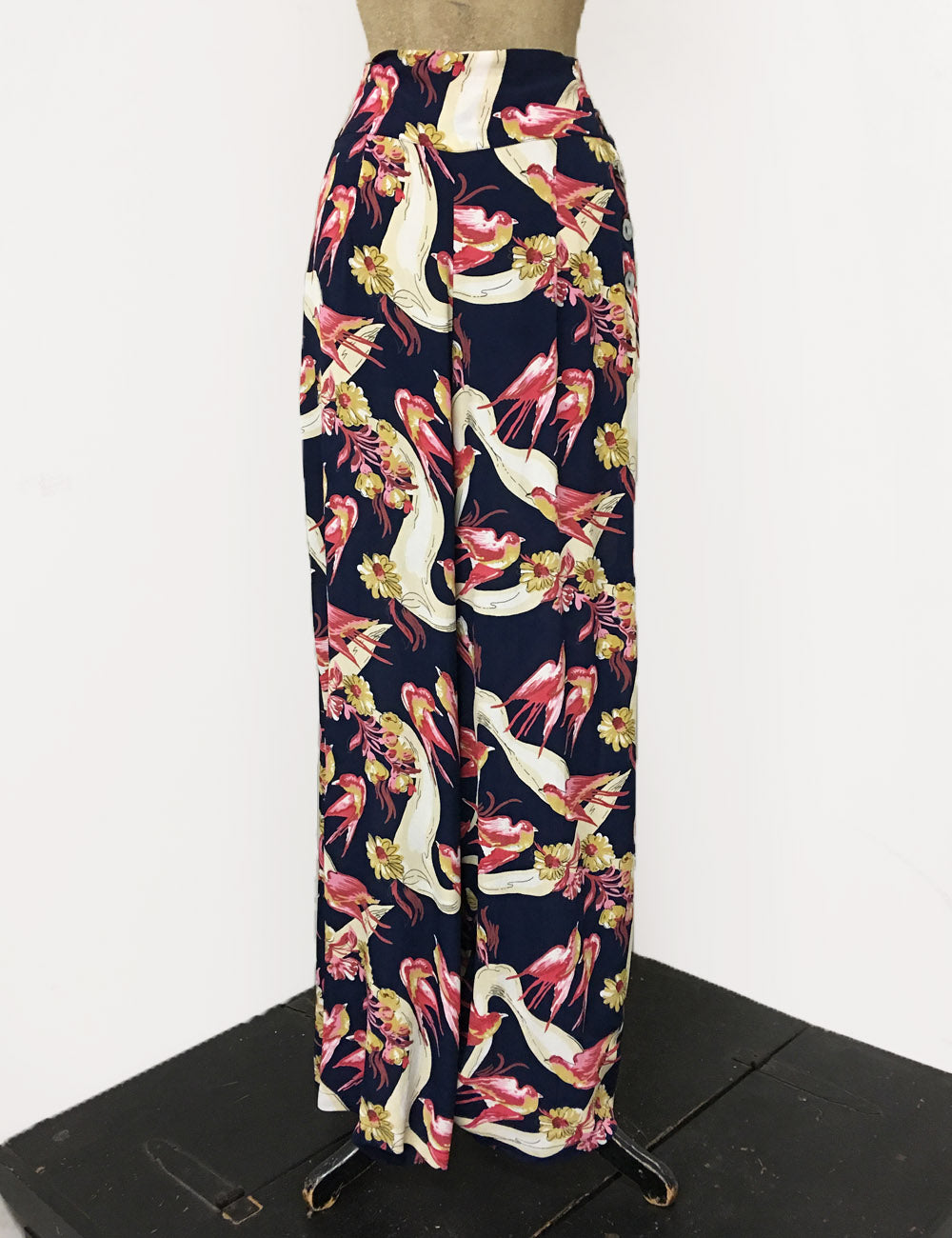 Navy & Pink Vintage Swallow Print 1940s Style High Waisted Palazzo Pants