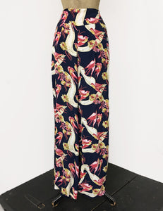Navy & Pink Vintage Swallow Print 1940s Style High Waisted Palazzo Pants
