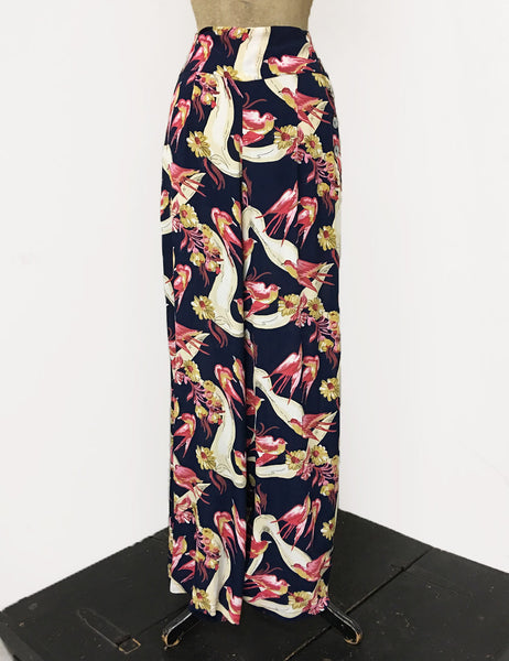 Navy & Pink Vintage Swallow Print 1940s Style High Waisted Palazzo Pants