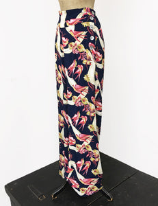 Navy & Pink Vintage Swallow Print 1940s Style High Waisted Palazzo Pants