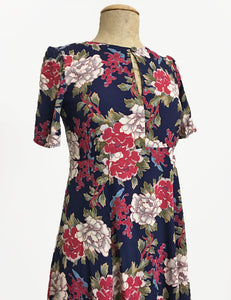 FINAL SALE - 1930s Style Navy Berry Floral Keyhole Pullover Norma Dress