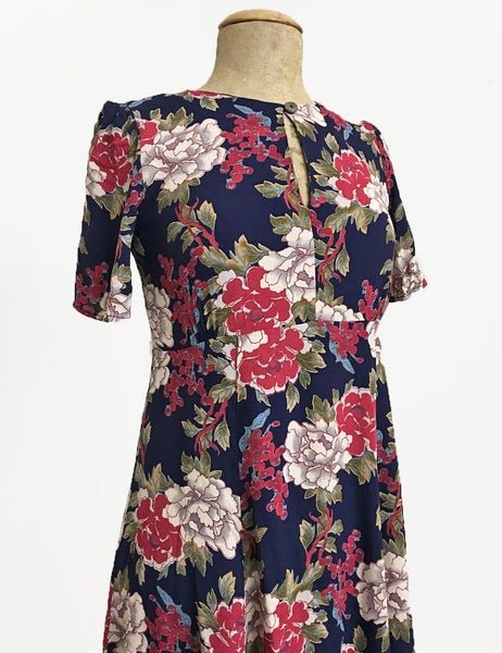 FINAL SALE - 1930s Style Navy Berry Floral Keyhole Pullover Norma Dress