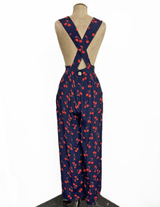 Navy & Red Cherry Print 1940s Style Rosie Bib Overalls