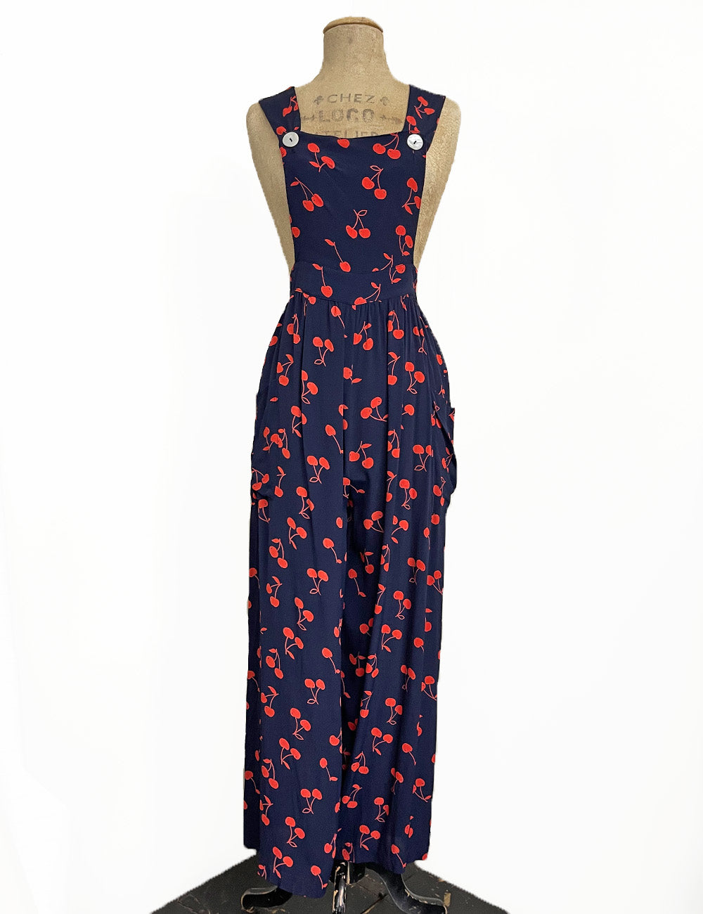 Navy & Red Cherry Print 1940s Style Rosie Bib Overalls