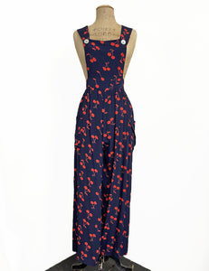 Navy & Red Cherry Print 1940s Style Rosie Bib Overalls