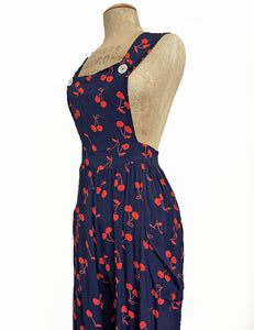 Navy & Red Cherry Print 1940s Style Rosie Bib Overalls