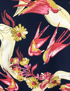 Navy Vintage Swallow Print Biasa Sweetheart Wrap Dress