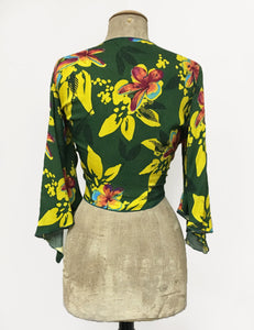 Neon Tropical Floral Soft Angel Wing Self Tie Crop Top