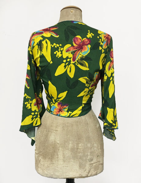 Neon Tropical Floral Soft Angel Wing Self Tie Crop Top