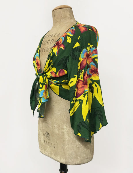 Neon Tropical Floral Soft Angel Wing Self Tie Crop Top