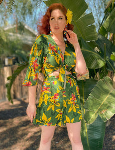 Neon Tropical Floral Soft Angel Wing Self Tie Crop Top