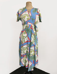 Oceanic Map Print 1940s Style Soft Cascade Wrap Dress