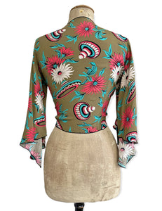 Olive Green Sombrero Print Angel Wing Crop Tie Top