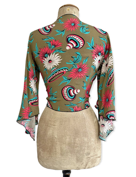 Olive Green Sombrero Print Angel Wing Crop Tie Top