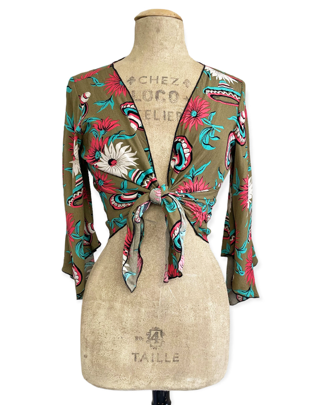 Olive Green Sombrero Print Angel Wing Crop Tie Top