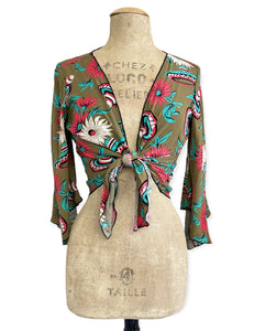 Olive Green Sombrero Print Angel Wing Crop Tie Top