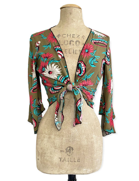 Olive Green Sombrero Print Angel Wing Crop Tie Top
