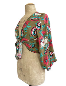 Olive Green Sombrero Print Angel Wing Crop Tie Top