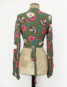 Olive Green Sombrero Print Drama Sleeve Babaloo Tie Top