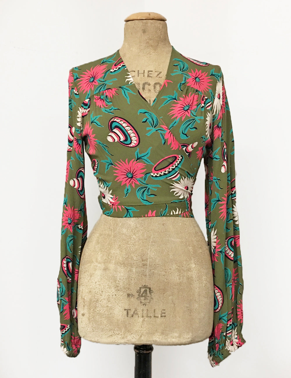 Olive Green Sombrero Print Drama Sleeve Babaloo Tie Top