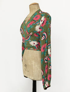 Olive Green Sombrero Print Drama Sleeve Babaloo Tie Top