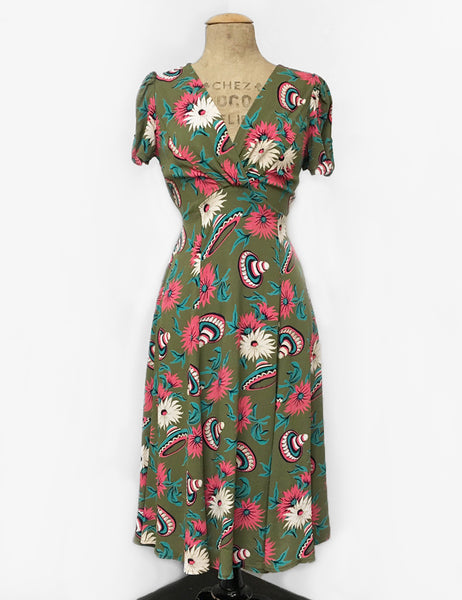 Olive Green Sombrero Print Vintage Inspired Rita Dress