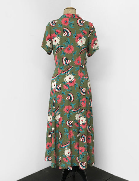 1940s Style Olive Green Sombrero Print Short Sleeve Tea Length Vintage Day Dress