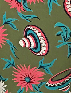 1940s Style Olive Green Sombrero Print Short Sleeve Tea Length Vintage Day Dress