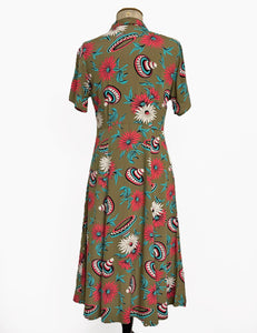 Olive Green Sombrero Print Short Sleeve Knee Length Vintage Day Dress