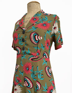 Olive Green Sombrero Print Short Sleeve Knee Length Vintage Day Dress