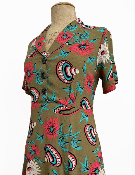Olive Green Sombrero Print Short Sleeve Knee Length Vintage Day Dress