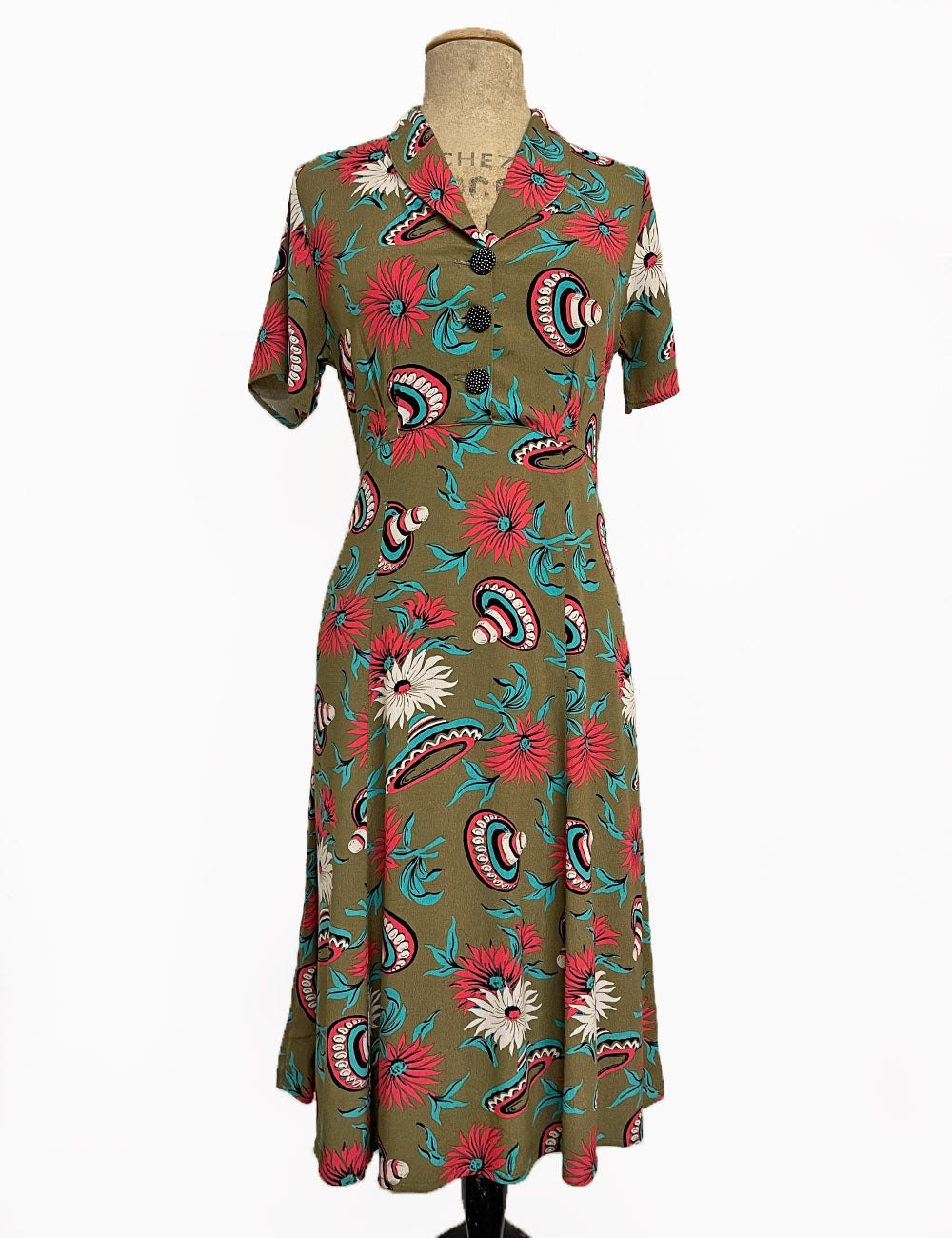 Olive Green Sombrero Print Short Sleeve Knee Length Vintage Day Dress