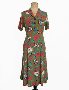 Olive Green Sombrero Print Short Sleeve Knee Length Vintage Day Dress