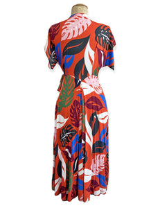 Orange Monstera Tropical 1940s Style Cascade Wrap Dress