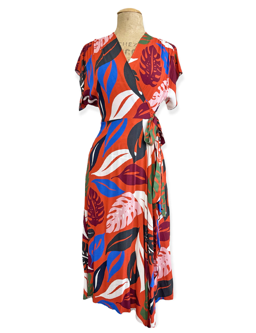 Orange Monstera Tropical 1940s Style Cascade Wrap Dress