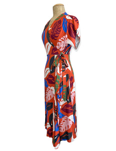 Orange Monstera Tropical 1940s Style Cascade Wrap Dress