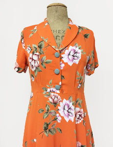 Orange & Purple Floral Short Sleeve Knee Length Vintage Day Dress - FINAL SALE
