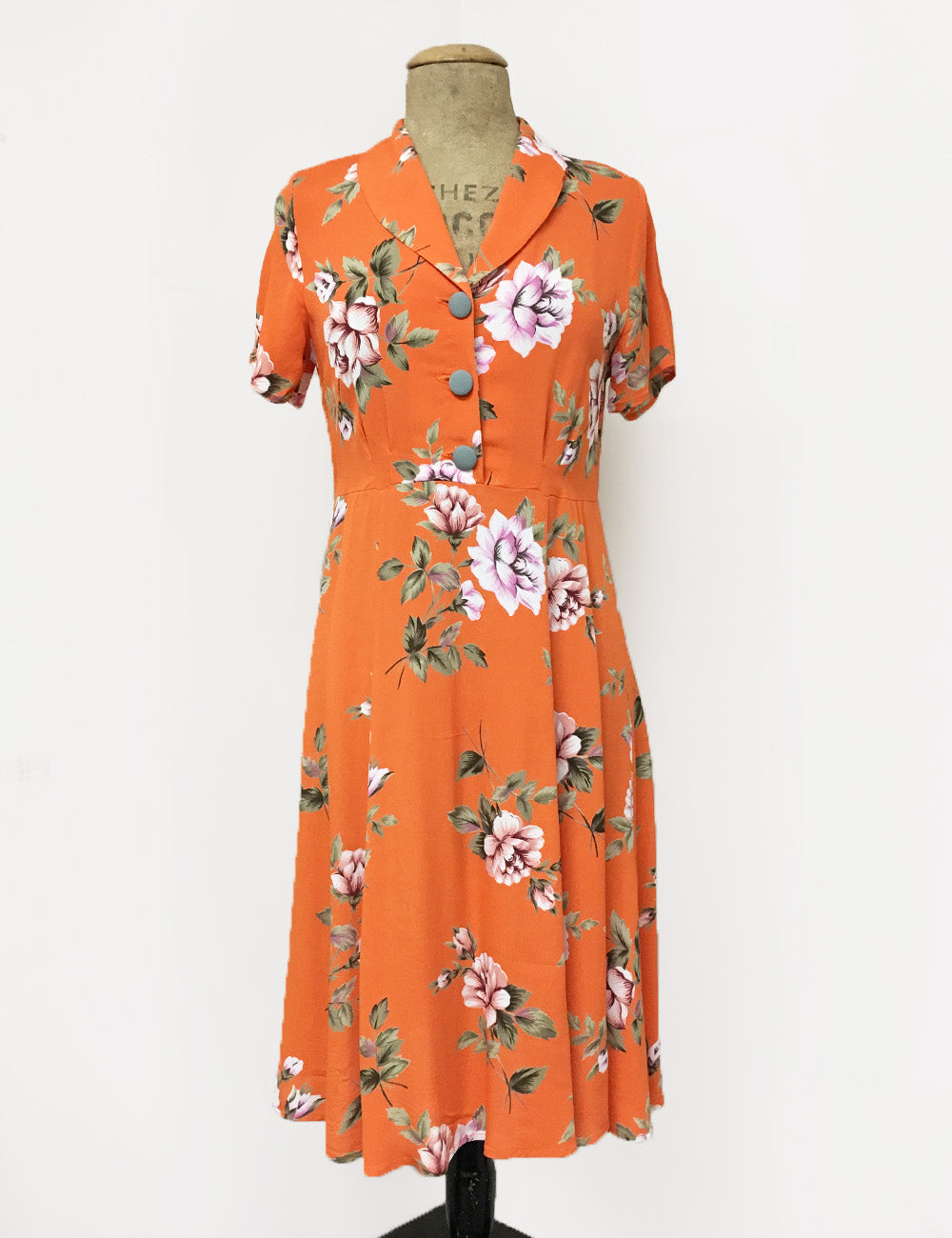 Orange & Purple Floral Short Sleeve Knee Length Vintage Day Dress - FINAL SALE